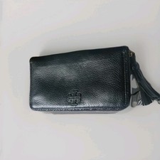 Tory Burch Taylor Zip Around Continental Black Long Pebble Leather Wallet 8x5in
