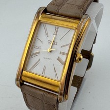 VTG Guess Japan Quartz Watch Unisex Gold Tone White Rectangle Leather New Batter