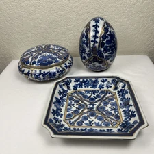 Oriental Accent Decorative Plate, Trinket Dish, Egg, Blue/White W/Gold Accents