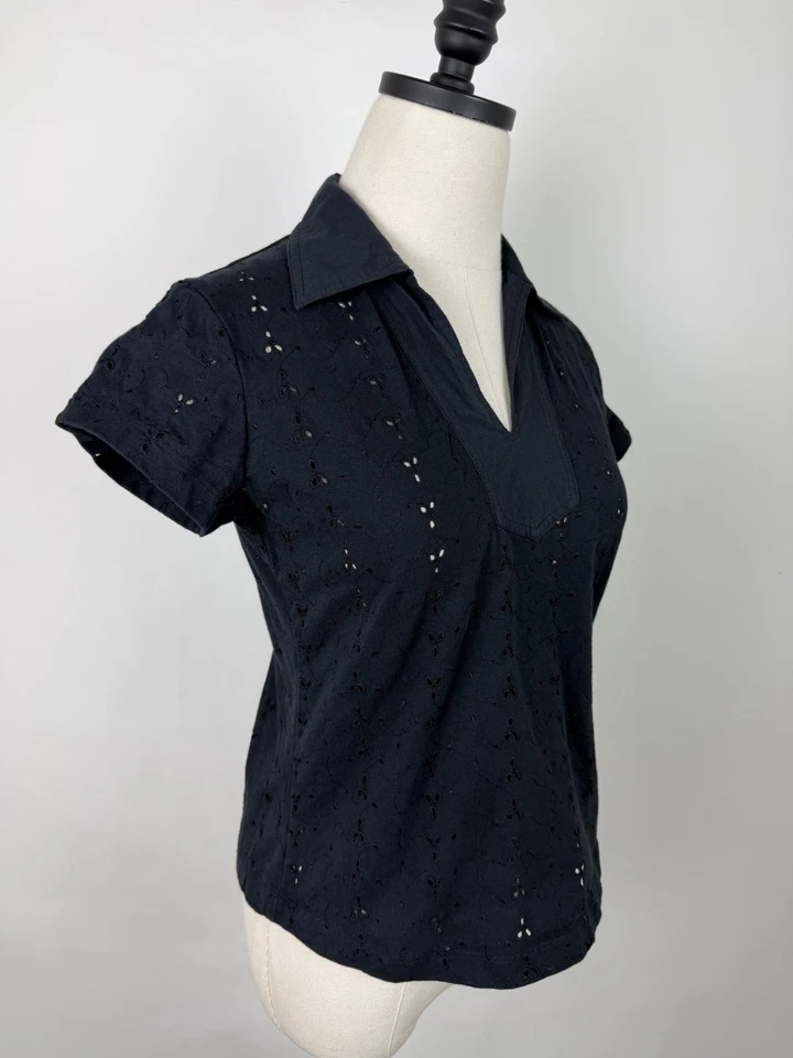 Vintage Eyelet Top Womens Small Black Jersey Knit Collared V-neck Shirt 90s Y2K - Image 4 of 4