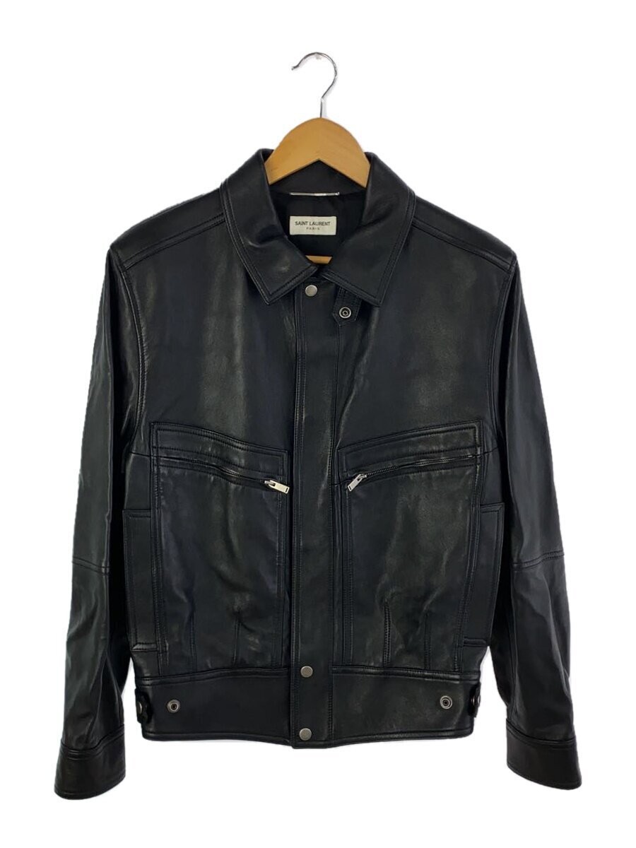 Saint Laurent Giacca di Pelle Blouson 50 Pelle di Pecora Nero Plain 737281 287
