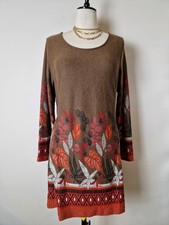 Klass Brown Floral Tunic Dress Boho Border Print Long Sleeve Medium 