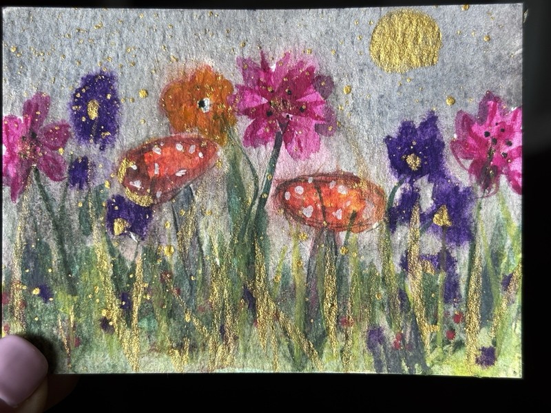 ACEO Original Abstract Landscape Flowers  Mushrooms 2.5x3.5 by Katie Love-Pride