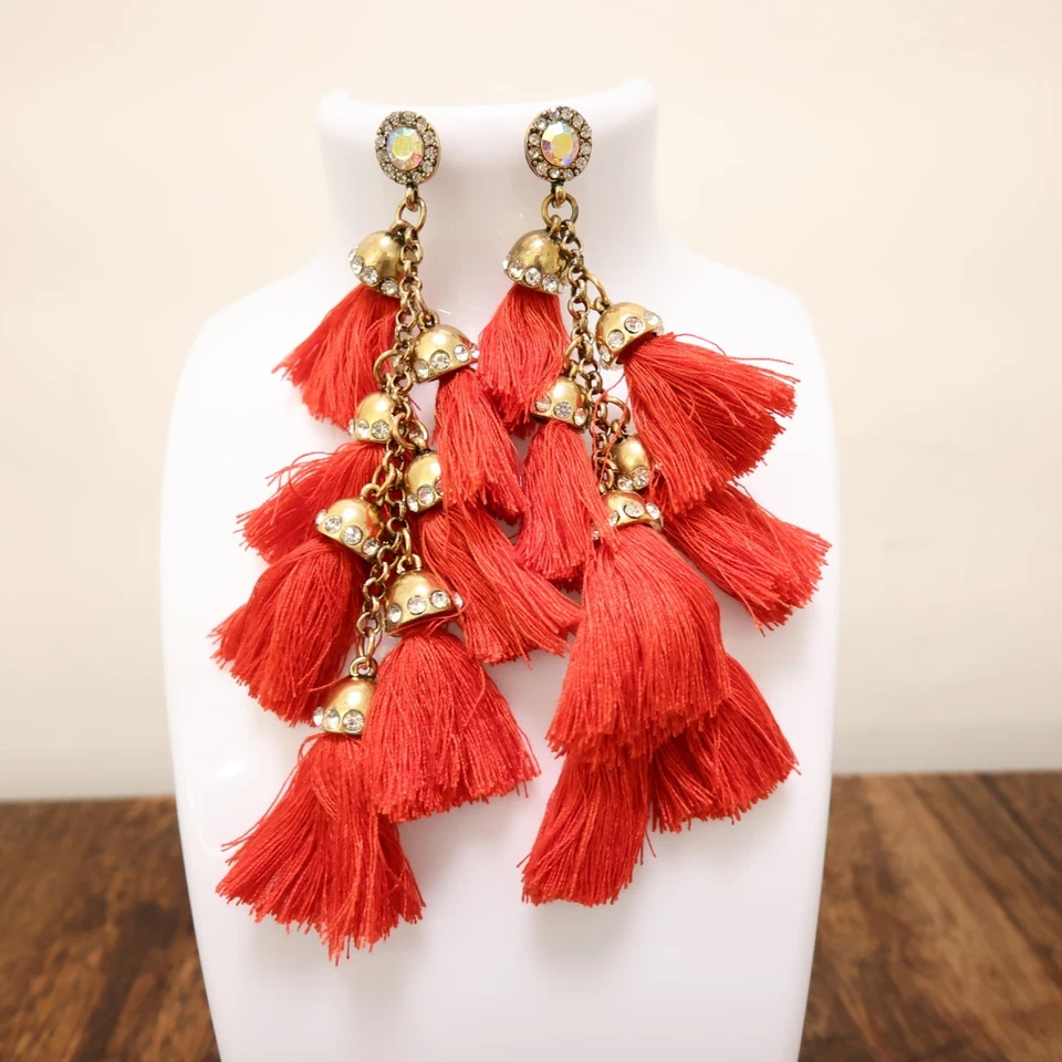 Tassel earrings chandelier cascading red satin clear AB crystals goldtone caps - Image 4 of 4