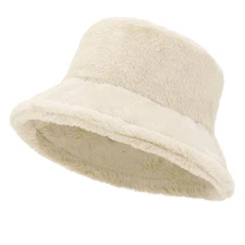 Women Plush Fluffy Bucket Hat Warm Lining Winter Faux Fur Cozy Wide Brim Wint...