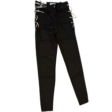 Labijou Black Lace Up Skinny Pants Silver Side Grommets Stretch Fit Size M
