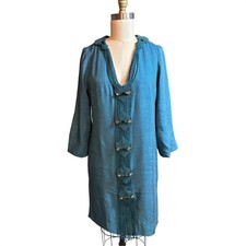 Vintage Oscar de la Renta Silk Shift Dress Womens Teal Blue Macrame Crystal Bib