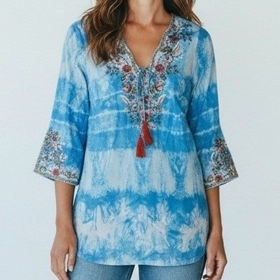 Soft Surroundings Tunic Top Women S Blue Beverly Embellished Tie Dye Blouse