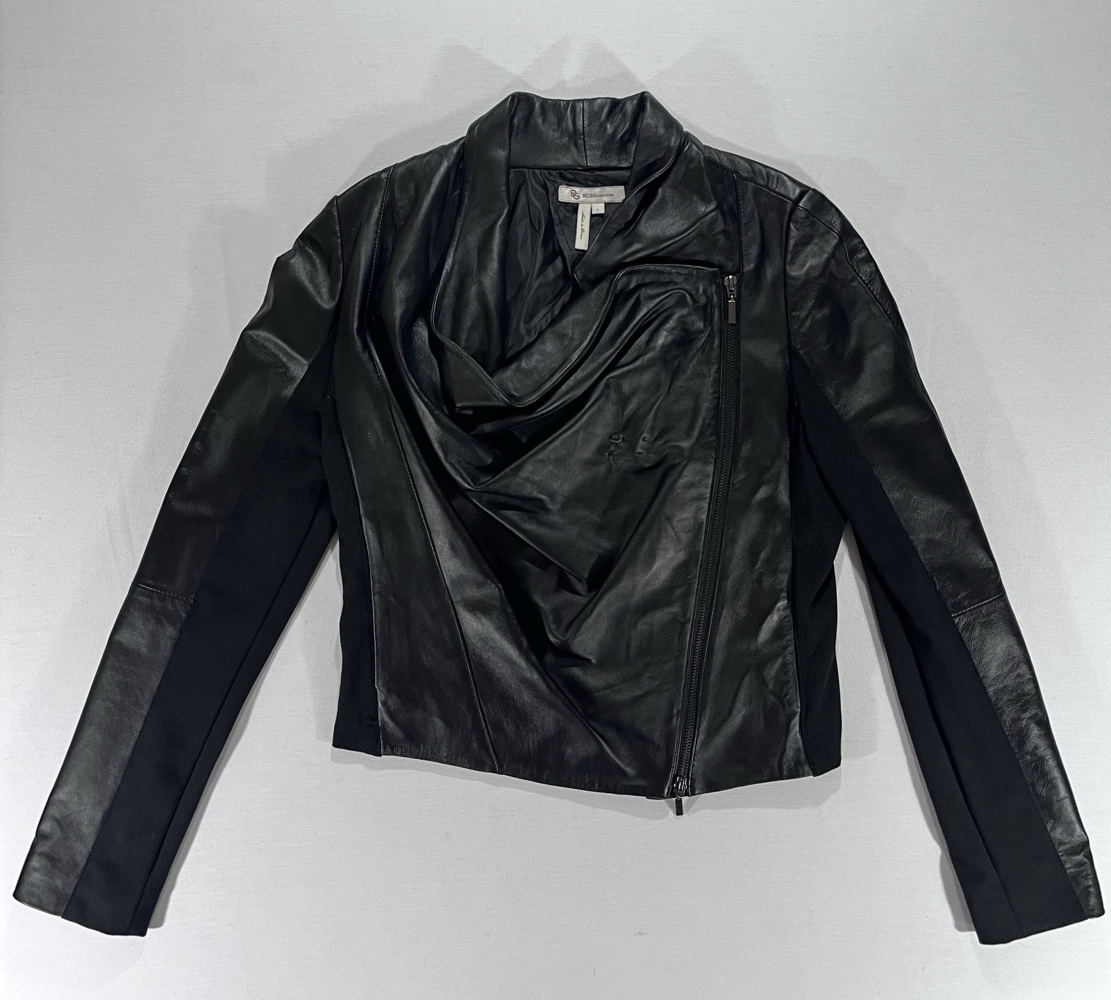BCBGeneration Cropped Black Genuine Leather Moto Jacket Women’s Size Large