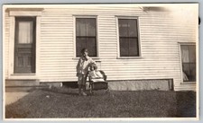 Vtg B&W Snapshot Two Children White House Lawn 1920s