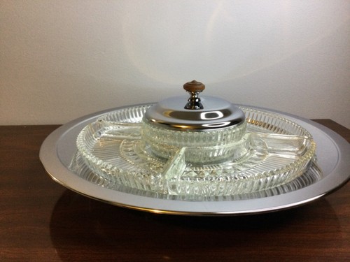 Vintage Kromax Chrome & Glass Lazy Susan Tray 5 Ribbed Crystal Inserts *READ - Picture 2 of 10