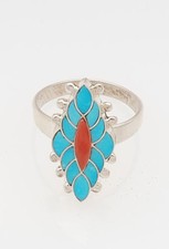 Native American Handmade Sterling Silver with Turquoise and Coral Ring Size 5