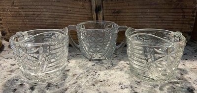 Art Deco Pattern Cut Glass Sugar & Two Creamers 3pc Set ~ Vintage 1970's