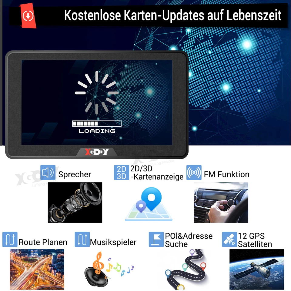 XGODY 7 Zoll GPS Navi Navigation Europa Karten für Auto LKW PKW Navigationsgerät - Bild 2 von 4