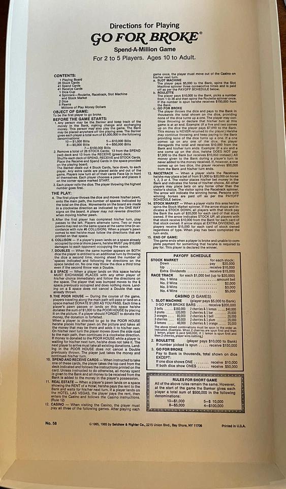Vtg 1985 Selchow & Righter Go For Broke Spend A Million Board Game. Retro Money - Image 3 of 4