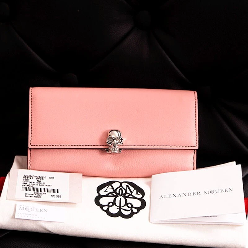 Alexander McQueen — NEW $830 ALEXANDER MCQUEEN Pink Leather Silver SKULL Continental LONG WALLET NWT