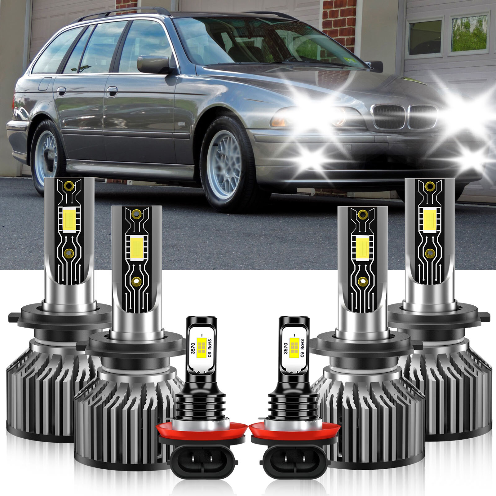 For BMW 525i 2001-2010 Combo LED Headlight+Fog Lights Bulbs Kit White 6500K