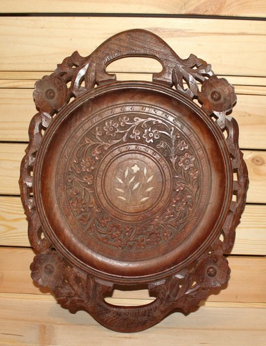 Vintage hand carved wood ornate floral serving tray - Picture 7 of 7
