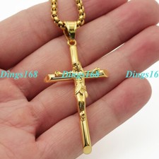18K Yellow Gold Filled Crucifix Cross Pendant 18"-28" Box Chain Necklace B378Y