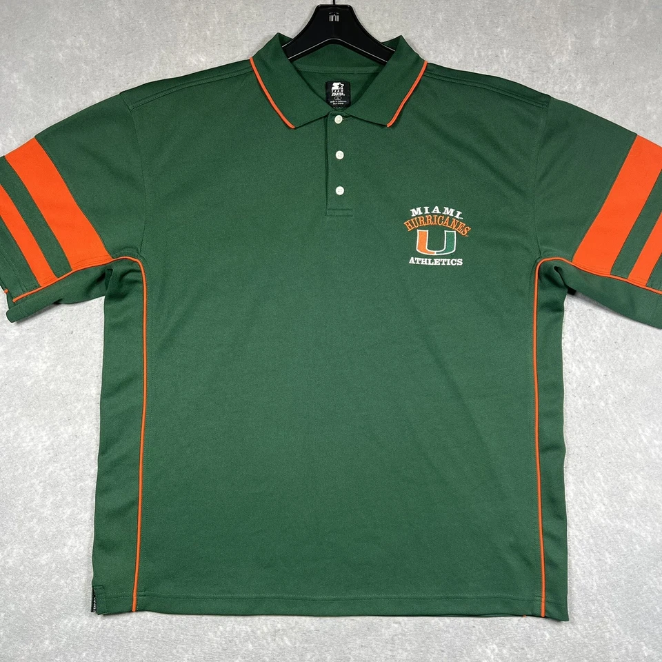 VINTAGE STARTER TAG POLO SHIRT MEN XL GREEN & ORANGE UNIVERSITY OF MIAMI NCAA - Image 2 of 4