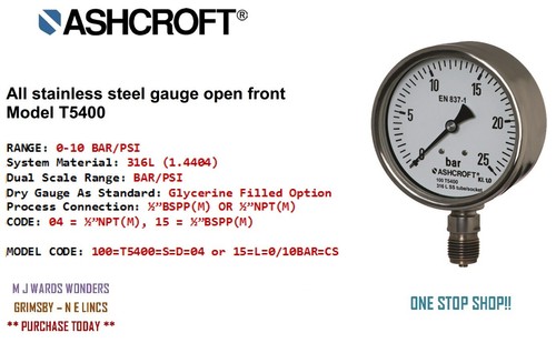 ASHCROFT T5400 Manómetros 4 "(100 mm) Dial 316L ACERO INOXIDABLE 1/2 "BSPP / NPT - Imagen 5 de 23
