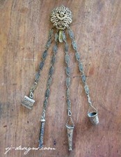 19th century gilt brass CHERUB filagree chatelaine antique with 4 accessories