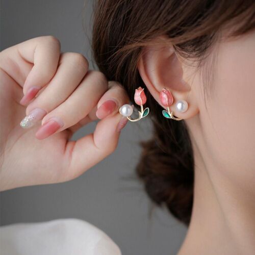 Earrings Women Alloy Earrings Pearl Stud Earrings Tulip Rhinestone Jewelry - Picture 1 of 17
