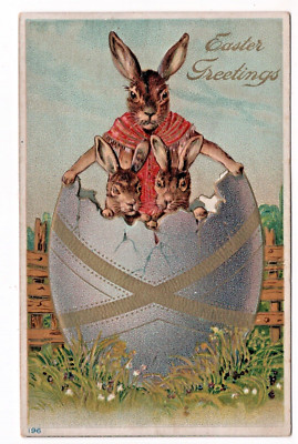 Easter Vintage Postcard Anthropomorphic Dressed Mother Rabbit Cracked Egg 196