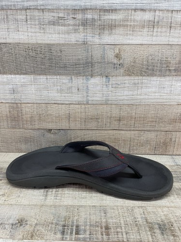 Olukai Koa Black Leather Flip Flops Sandals Men's sz 10 - Picture 4 of 8
