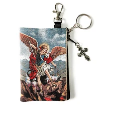 St Saint Michael Tapestry Rosary Key Chain Coin Holder Case Pouch Gift