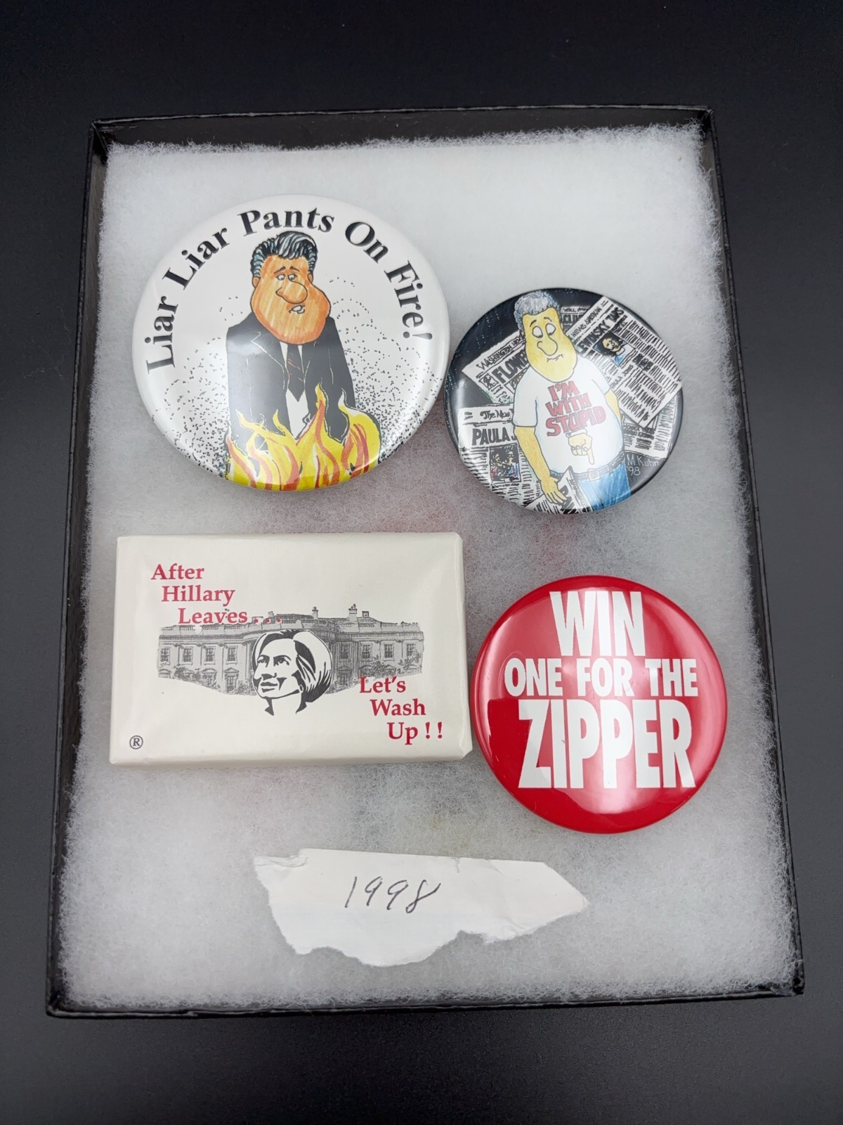 1998 Clinton Scandal Satire Pinback Button Set, Boxed 4pc