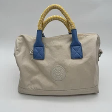 Kipling Beige Nylon Satchel Handbag Blue Yellow Braided Handle No Shoulder Strap