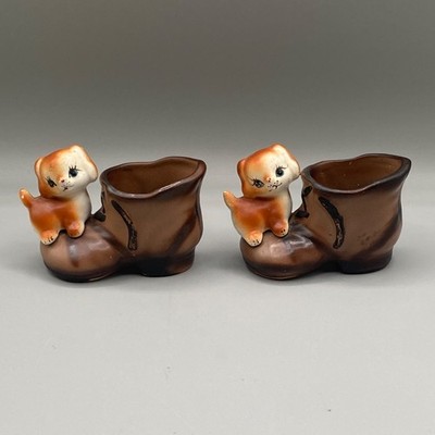 Vintage Enesco Ceramic Puppy Dog on Boot Toothpick Holder Figurine Kitsch