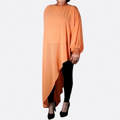 High Low Tunic Rhinestone Mesh Mock Neck Orange Plus Size 1X 2X 3X Avant Garde