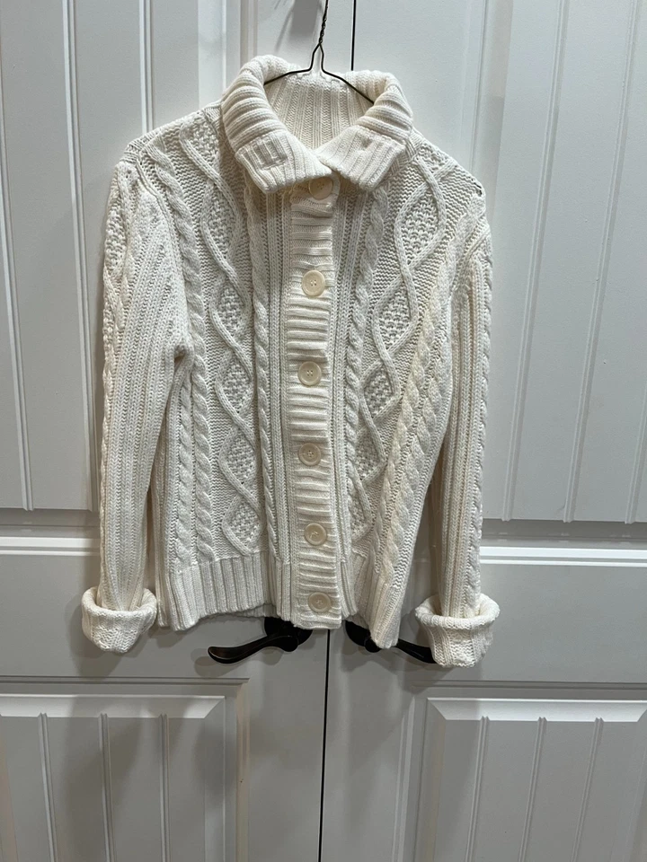 Cárdigan de mujer talla M crema tejido con cable botón náutico costero pescador grueso Foto 3 de 4