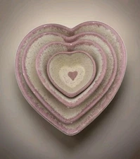 Vintage Heart Shape Nesting Bowls Pink Cream Stoneware Crock Dish Set of 4