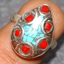 Nepali Tribal Tibetan Turquoise Red Coral Nepali Tribal Ring US FreeSize GW