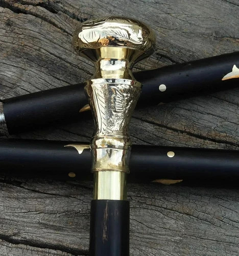 Antique Victorian Cane Wooden Walking Stick Vintage Designer Brass Head Handle - Picture 5 of 5