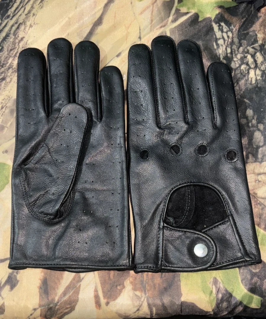 Vintage Black Leather Driving & Dress Gloves Men's Classic Perforated Snap Closu