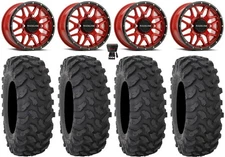 Raceline Krank 14" Wheels Red 27" XTR370 Tires Kawasaki Brute Force IRS