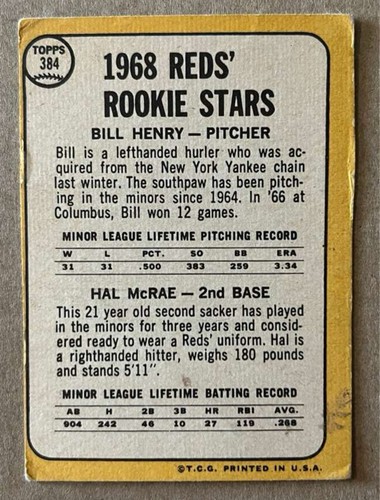 1968 Topps Baseball Card Cincinnati Reds Rookie Stars Bill Henry Hal McRae #384 - Picture 2 of 2