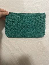 Vintage Crochet XL Clutch Envelope Bag Purse Teal Zip Japan Boho