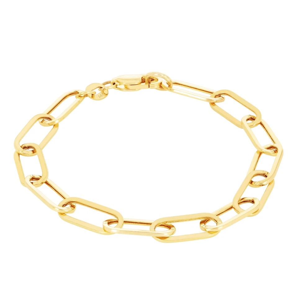Brazalete cable eslabón alargado Rolo cadena clip 6 mm oro amarillo 14k para mujer 7"