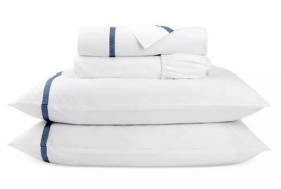 $335 Christy Beaumont Cotton Percale QUEEN Sheet Set White Slate Blue Ribbon New