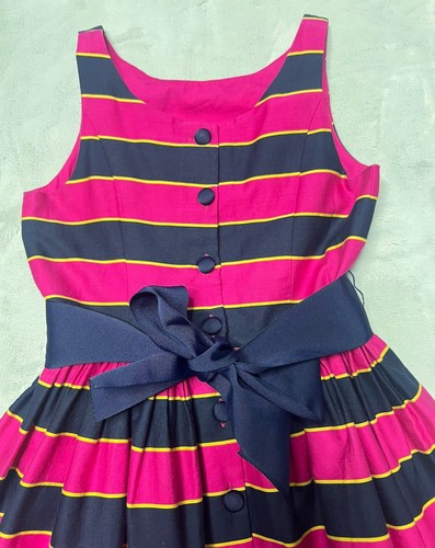 Polo Ralph Lauren Girls Striped Pink Navy Belted Dress 8 Button Down Lined Flare - Picture 3 of 23