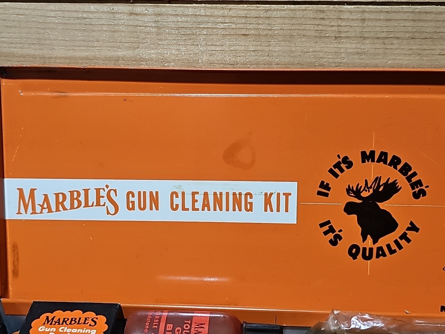 Vintage Marbles Gun Cleaning Kit NITRO SOLVENT LEAD TOP Oil Tin Pad Box Rod Tips