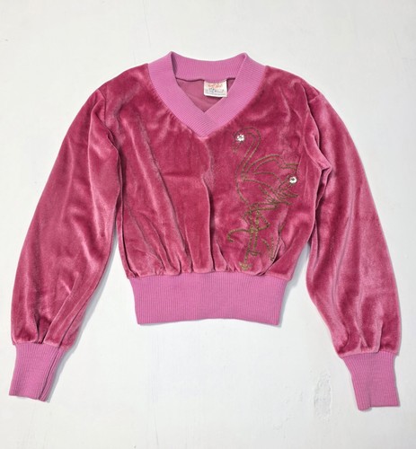 Vtg Girls Are Great Sweater Size 6 7 Pink Velour Flamingo USA 80s Track Pullover