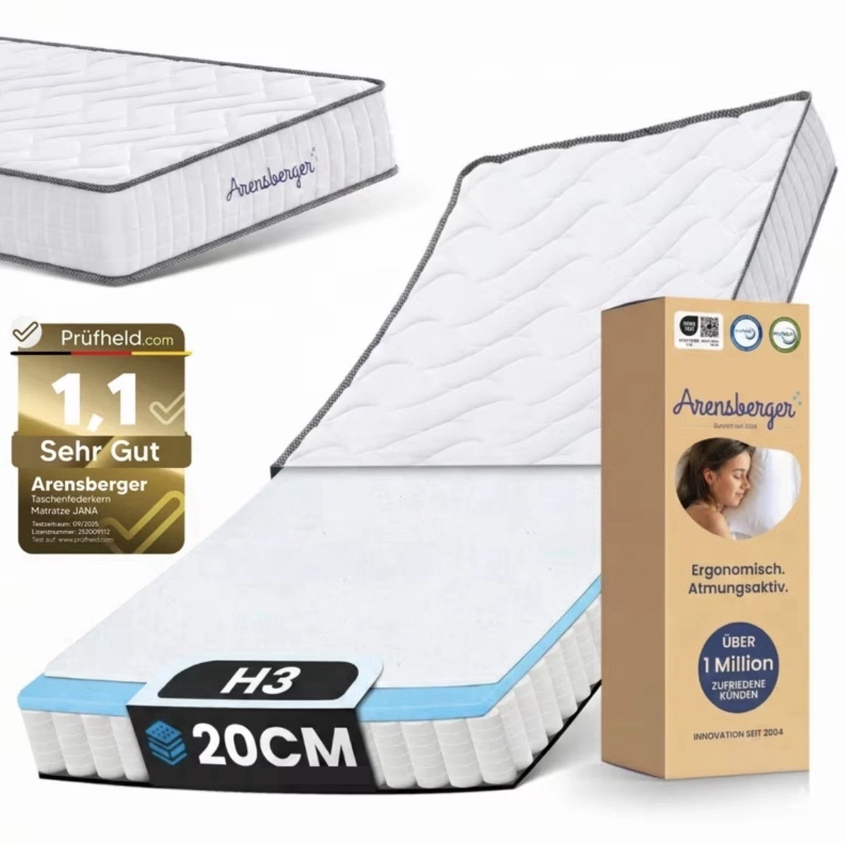 Pocket Spring Mattress 20 cm with 2 cm Nanocell® Gel Foam, 160x200