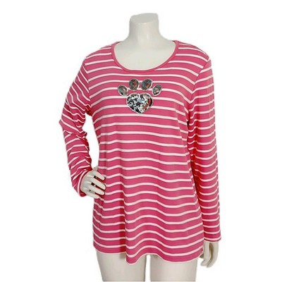 Quacker Factory Tunic Top M Pink White Stripe Sequin Dog Paw Cotton Stretch 
