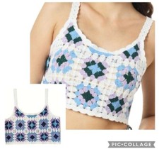 BOHO Vtg Summer Tank Crop Sleeveless Granny Crochet Knitted Top Women's S M L